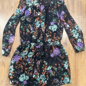 Black Floral Long Sleeve Mini Dress - Purple & Teal Blooms